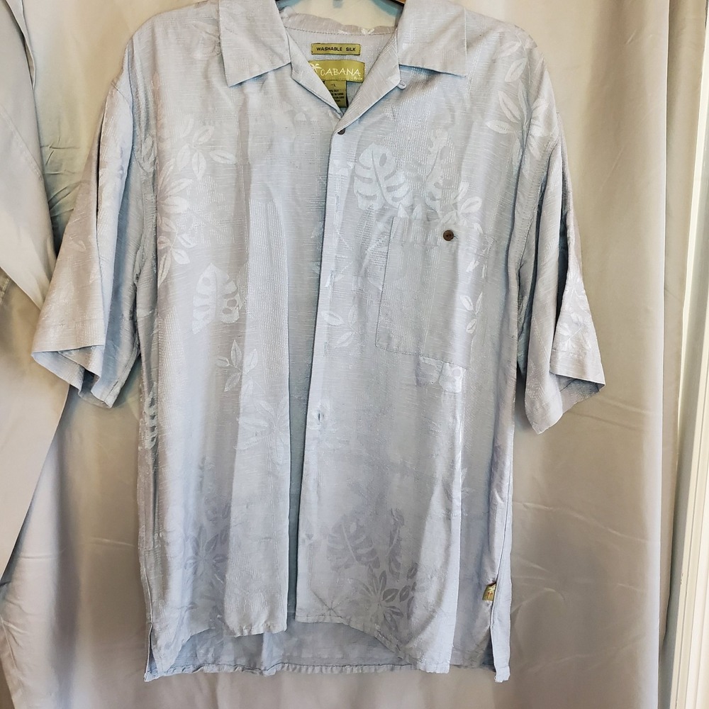 Club Cabana Vintage Silk Palm Trees Mens‎ Grey L Resort Beach Hawaiian SS Shirt